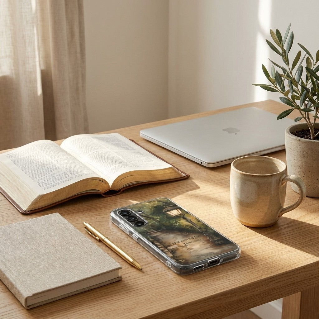 Samsung phone on a wooden desk. The phone has a beautiful Samsung galaxy case.