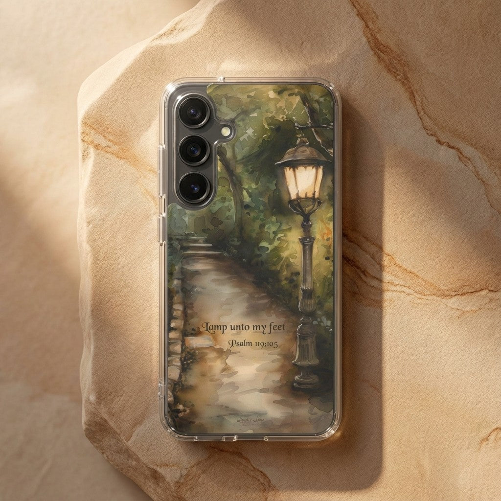 Samsung phone case with a scenic design of a path and lamp post on a stone surface.