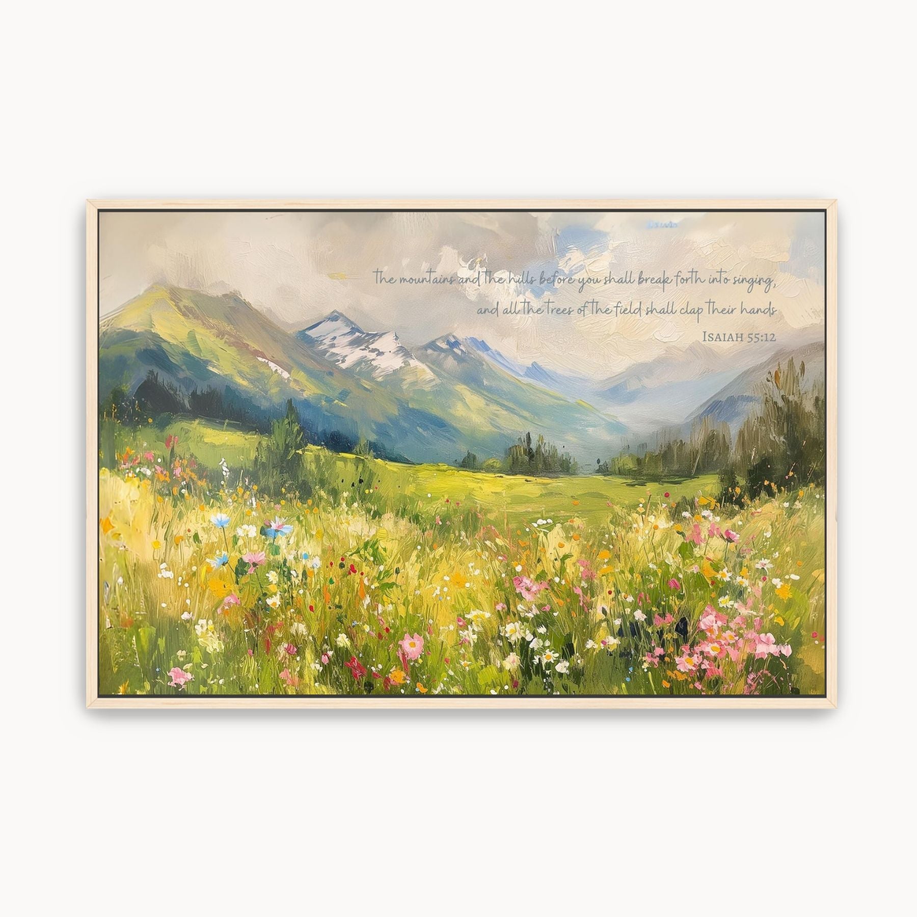 Framed canvas of a mountain landscape with a field of flowers and scripture.
