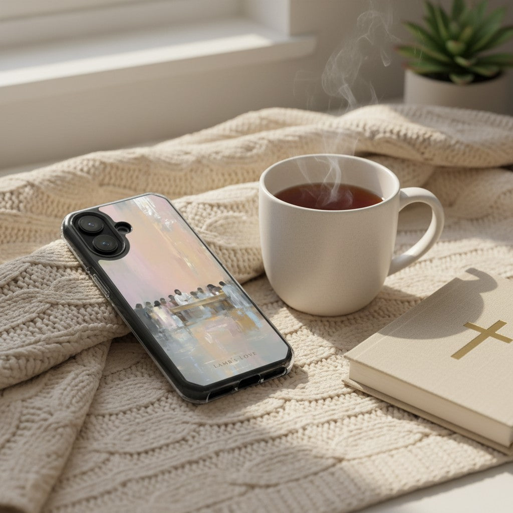 Last Supper MagSafe® clear iPhone case featuring Jesus and the disciples beside a steaming coffee mug and devotional journal in a cozy Christian morning setting