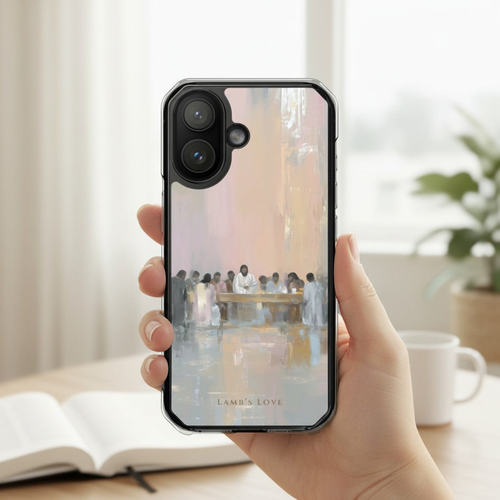 Last Supper MagSafe® clear iPhone case featuring Jesus and the disciples at the table, held in hand beside an open Bible and coffee mug in a peaceful Christian home setting