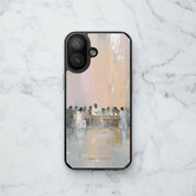Last Supper MagSafe® clear iPhone case featuring Jesus and the disciples at the table, displayed on a white marble surface in a minimalist Christian lifestyle setting