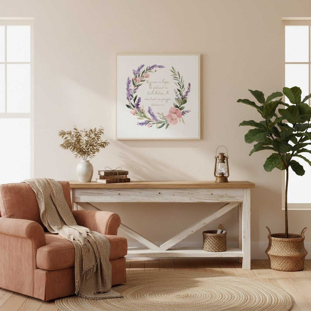 Close-up of watercolor lavender wreath wall art with Bible verse Romans 12:12, encouraging hope and prayer.