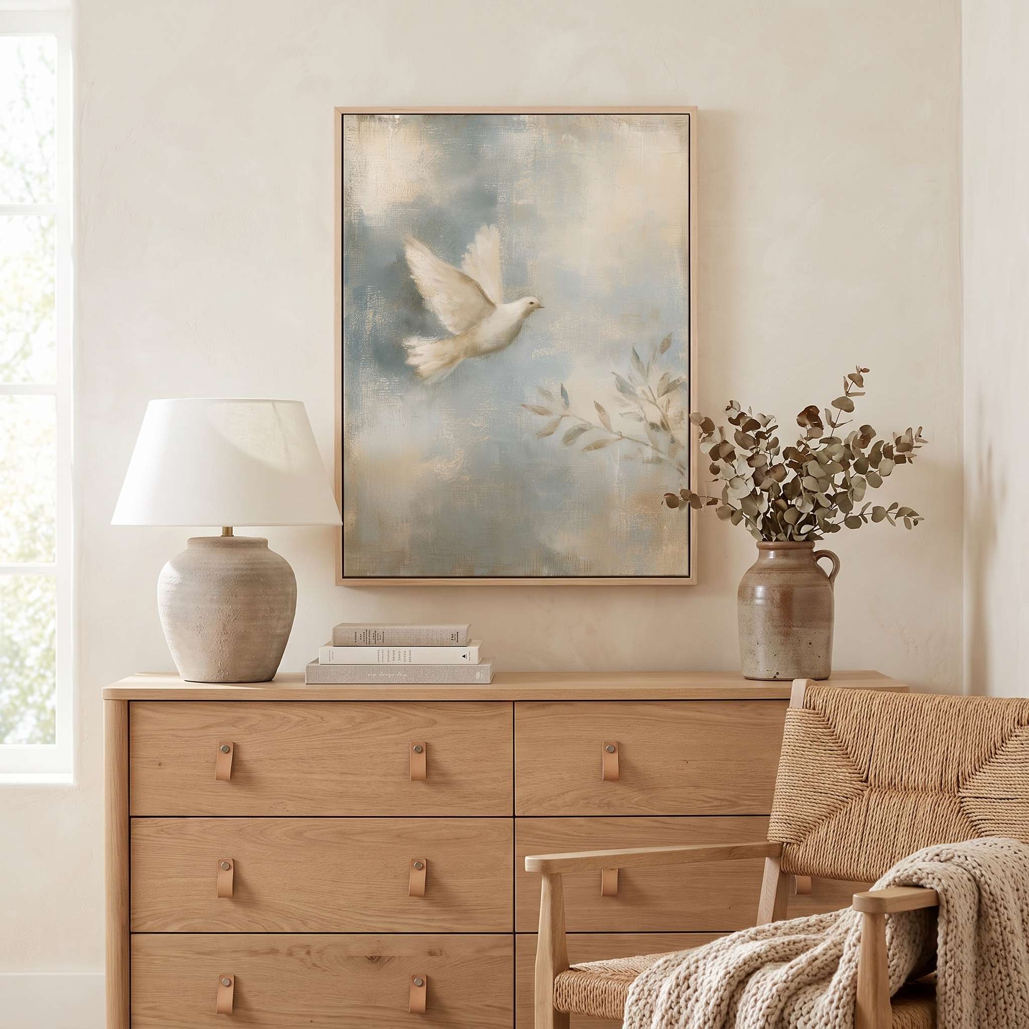 Led by the Spirit Christian dove framed wall art above a light wood dresser with a ceramic lamp, books and leafy vase beside a woven reading chair.