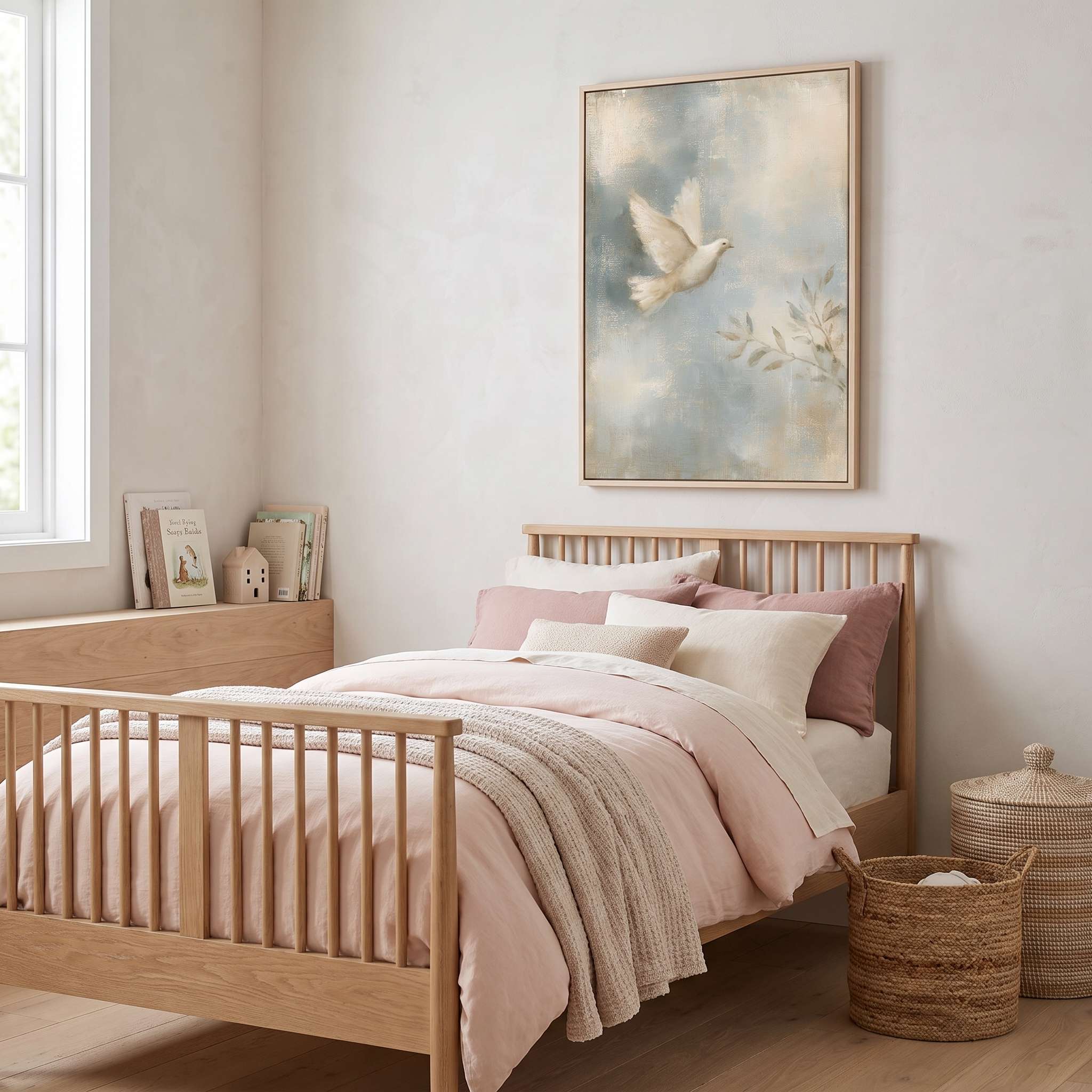 Led by the Spirit Christian dove kids wall art in a light wood frame above a wooden bed with pink and cream bedding in a softly lit child’s bedroom.