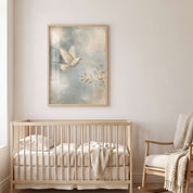 Led by the Spirit Christian dove framed print displayed in a neutral nursery above a light wood crib beside a rocking chair with a cream knitted throw.