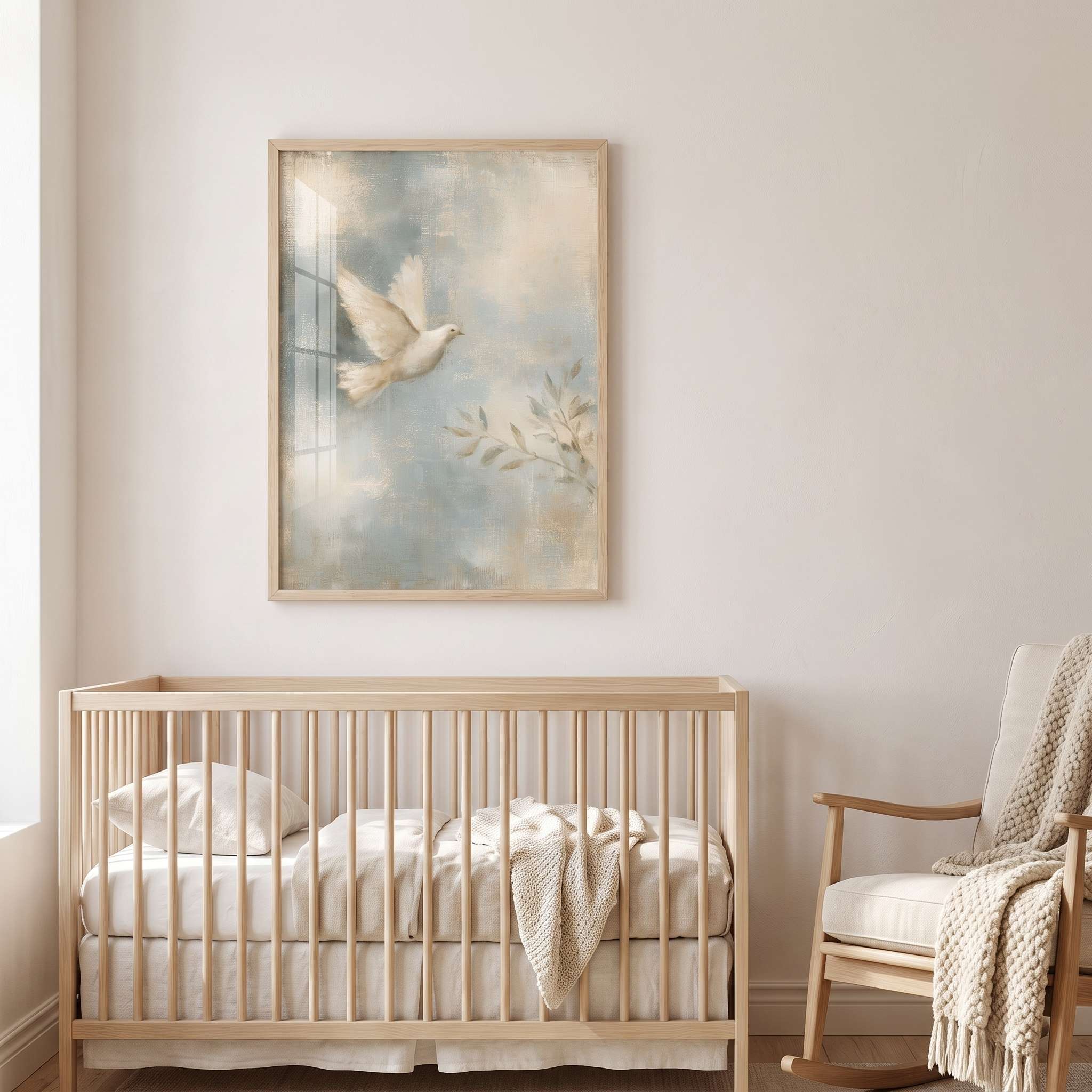 Led by the Spirit Christian dove framed print displayed in a neutral nursery above a light wood crib beside a rocking chair with a cream knitted throw.