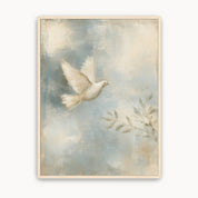 Led by the Spirit Christian dove wall art featuring a white dove in flight beside leafy branches on a softly textured blue and cream background in a light wood frame.