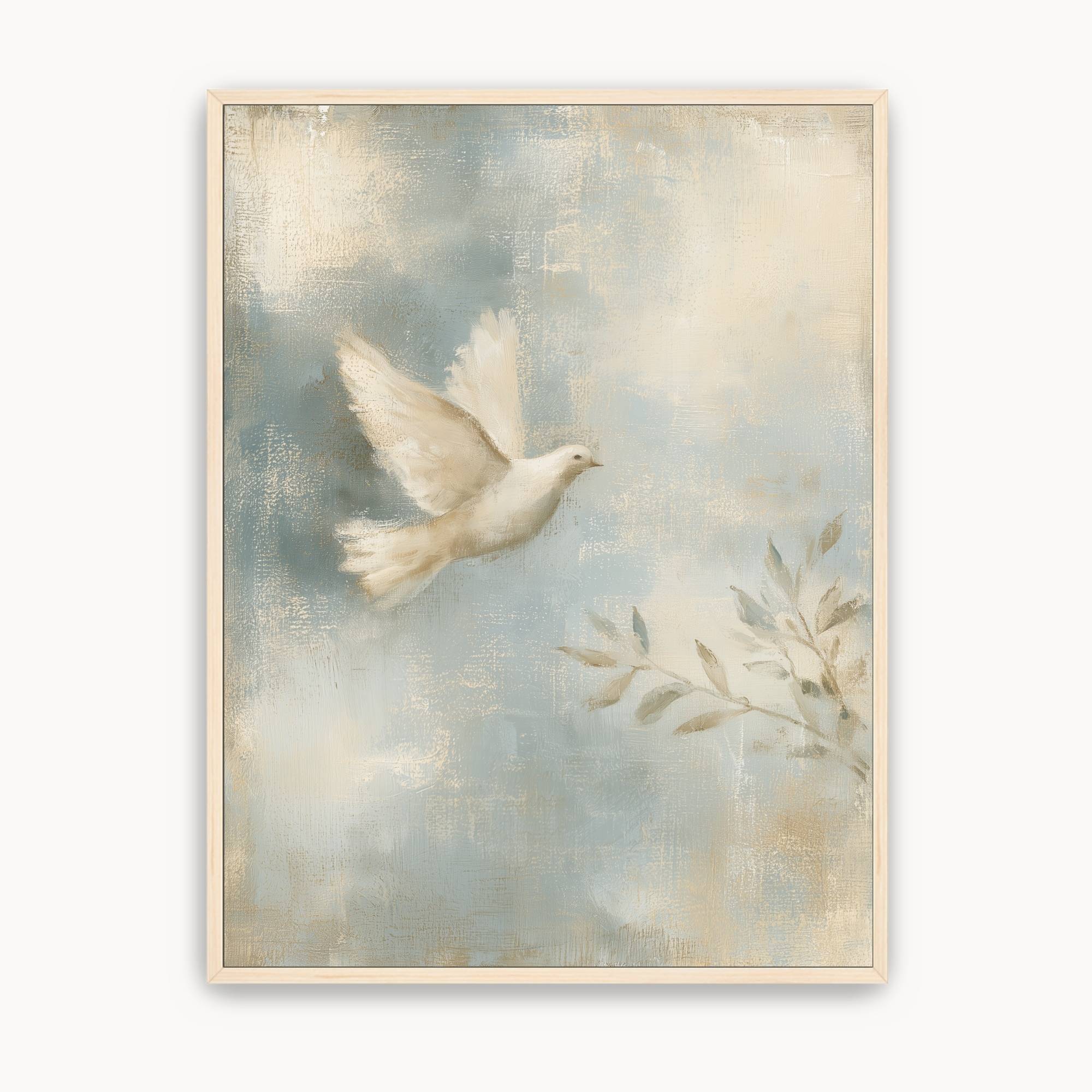 Led by the Spirit Christian dove wall art featuring a white dove in flight beside leafy branches on a softly textured blue and cream background in a light wood frame.