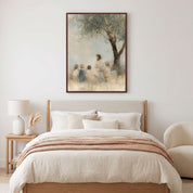 Let the Little Children Come Jesus with children Christian framed print above a bed with cream bedding and a textured blush throw in a neutral bedroom.