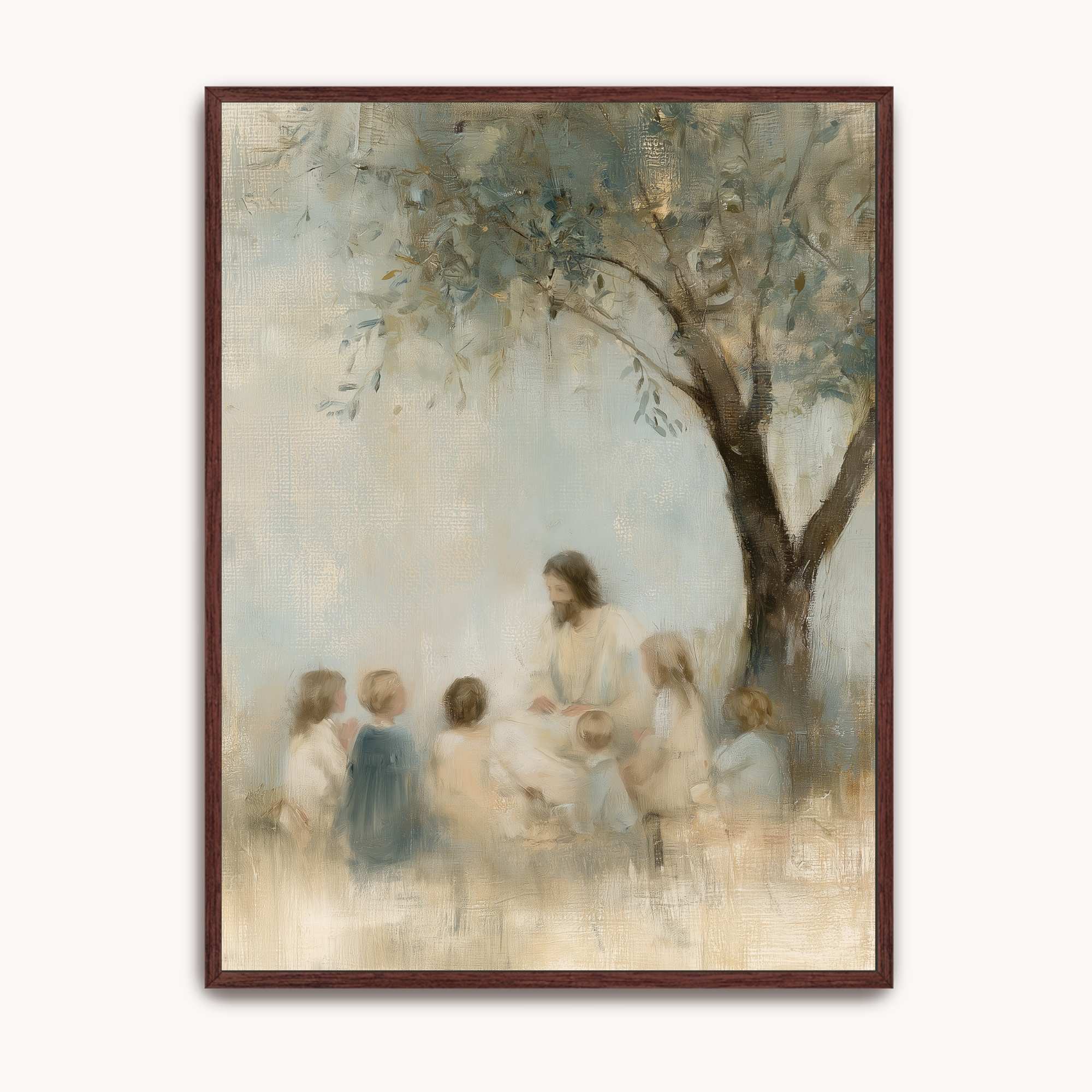 Let the Little Children Come Christian wall art showing Jesus with children gathered beneath a leafy tree, in muted earth tones and a dark wood frame.