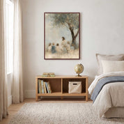 Framed Let the Little Children Come Jesus with children wall art above wooden storage with books and a globe, beside a bed with blue and cream bedding.
