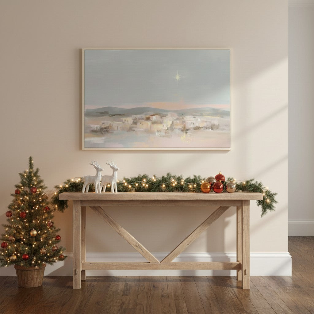 Evergreen forest scripture wall art with Romans 8:11 styled above a console table for Christian home décor.