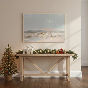 Evergreen forest scripture wall art with Romans 8:11 styled above a console table for Christian home décor.