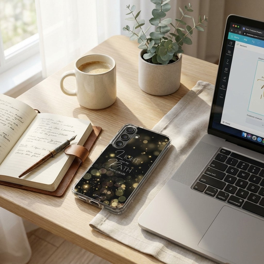 Laptop, smartphone, notebook, and mug on a wooden desk with a plant in the background