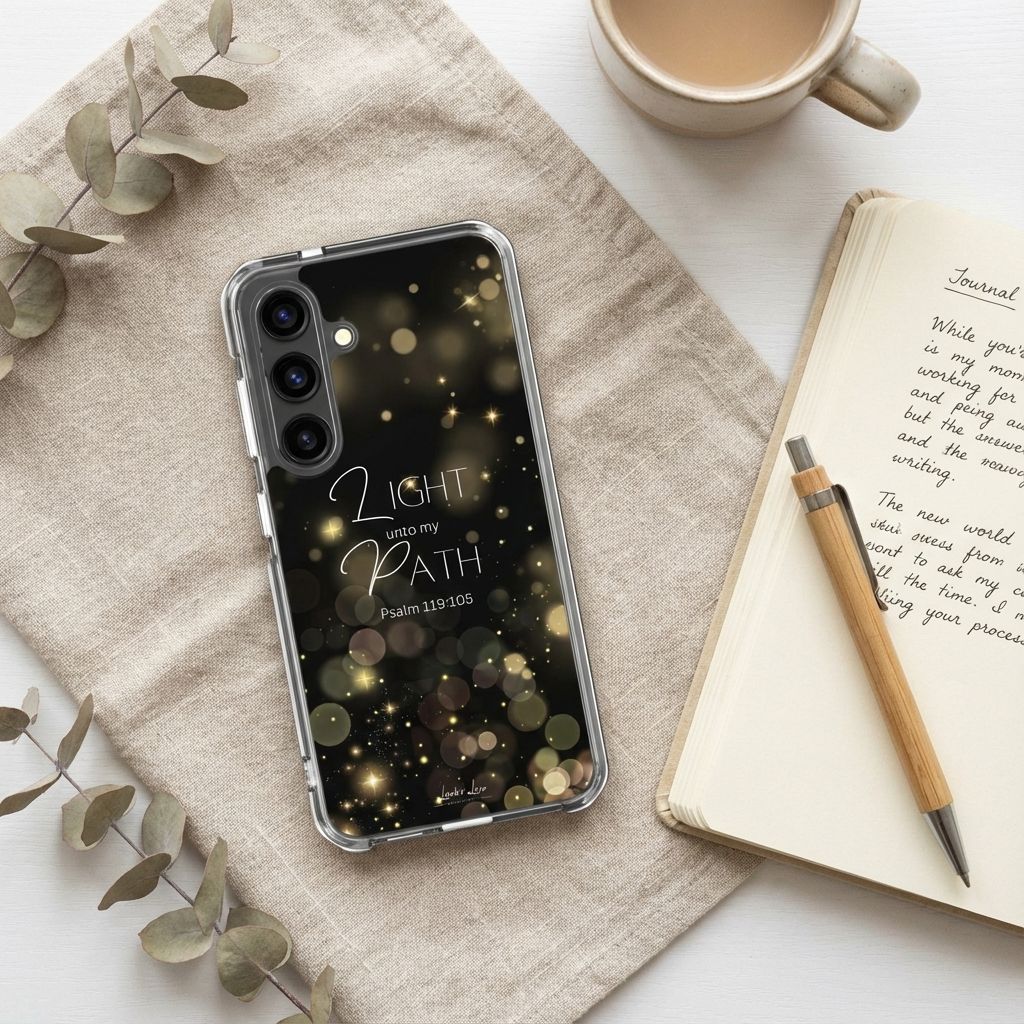 Samsung galaxy case with 'Light unto my Path' text on a desk with a cup of coffee and notebook.