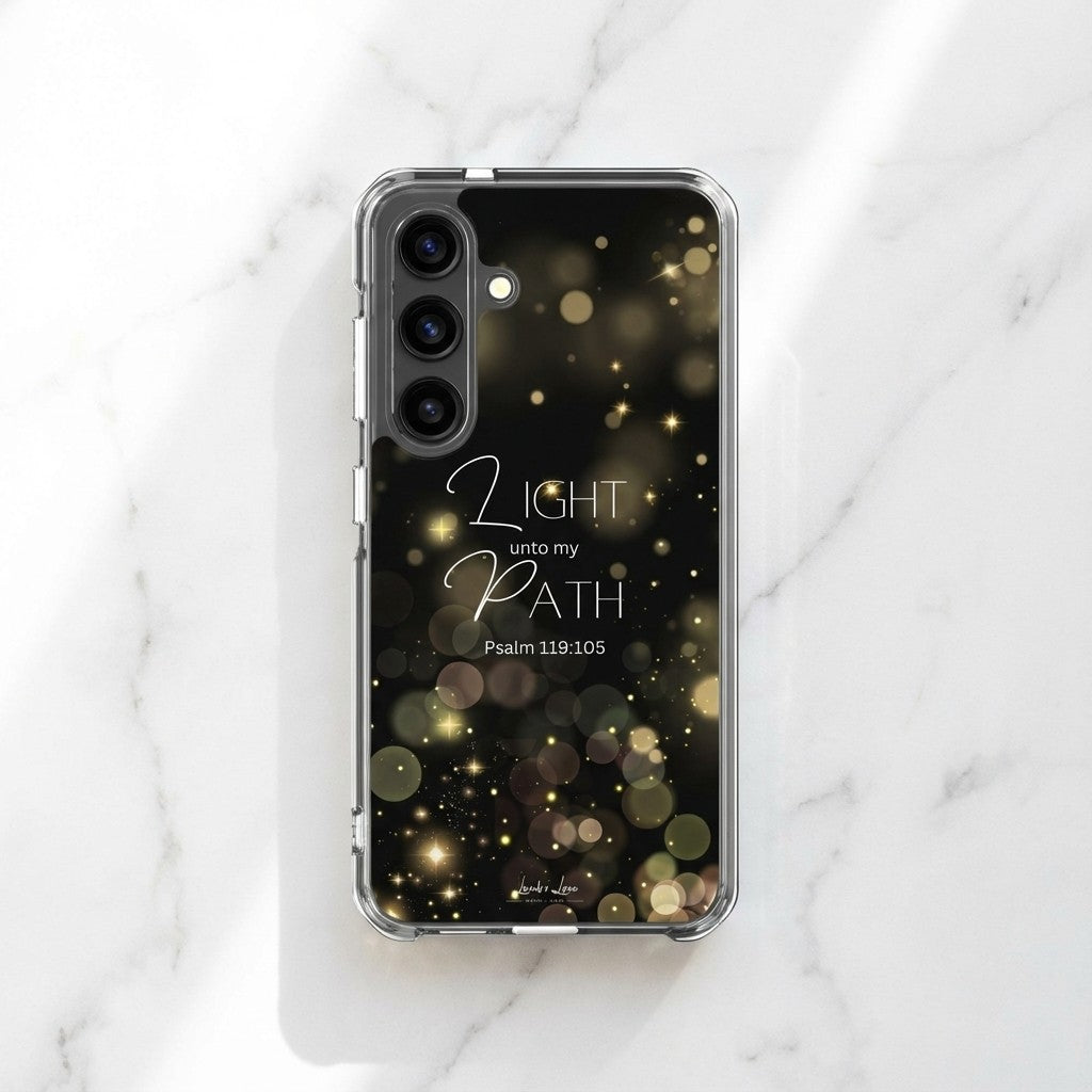 Christian Samsung galaxy case with 'Light unto my path' text on a marble background