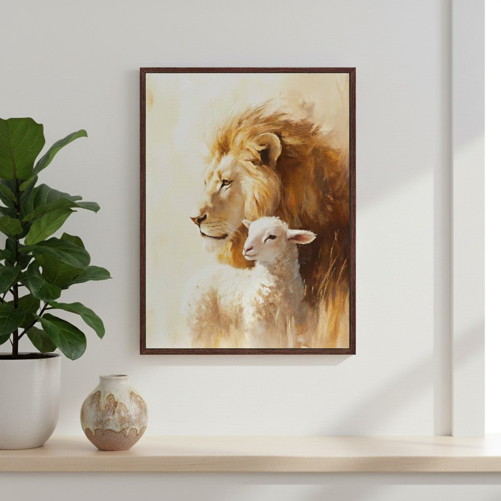 Framed Christian wall art of the Lion and the Lamb, symbolizing Jesus’ strength and gentleness, displayed in a modern minimalist home interior.