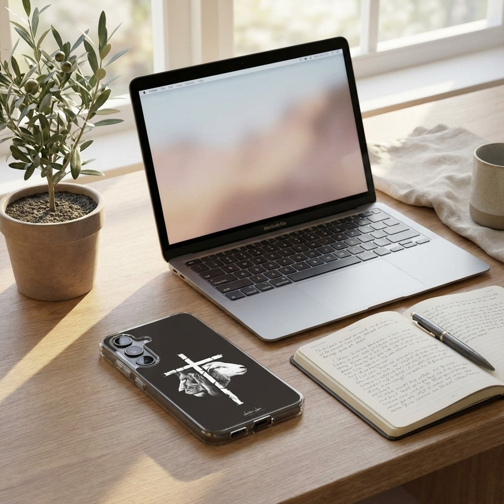 Lion and Lamb Christian Samsung Galaxy phone case with cross design on wooden desk beside laptop, notebook, and plant faith workspace scene