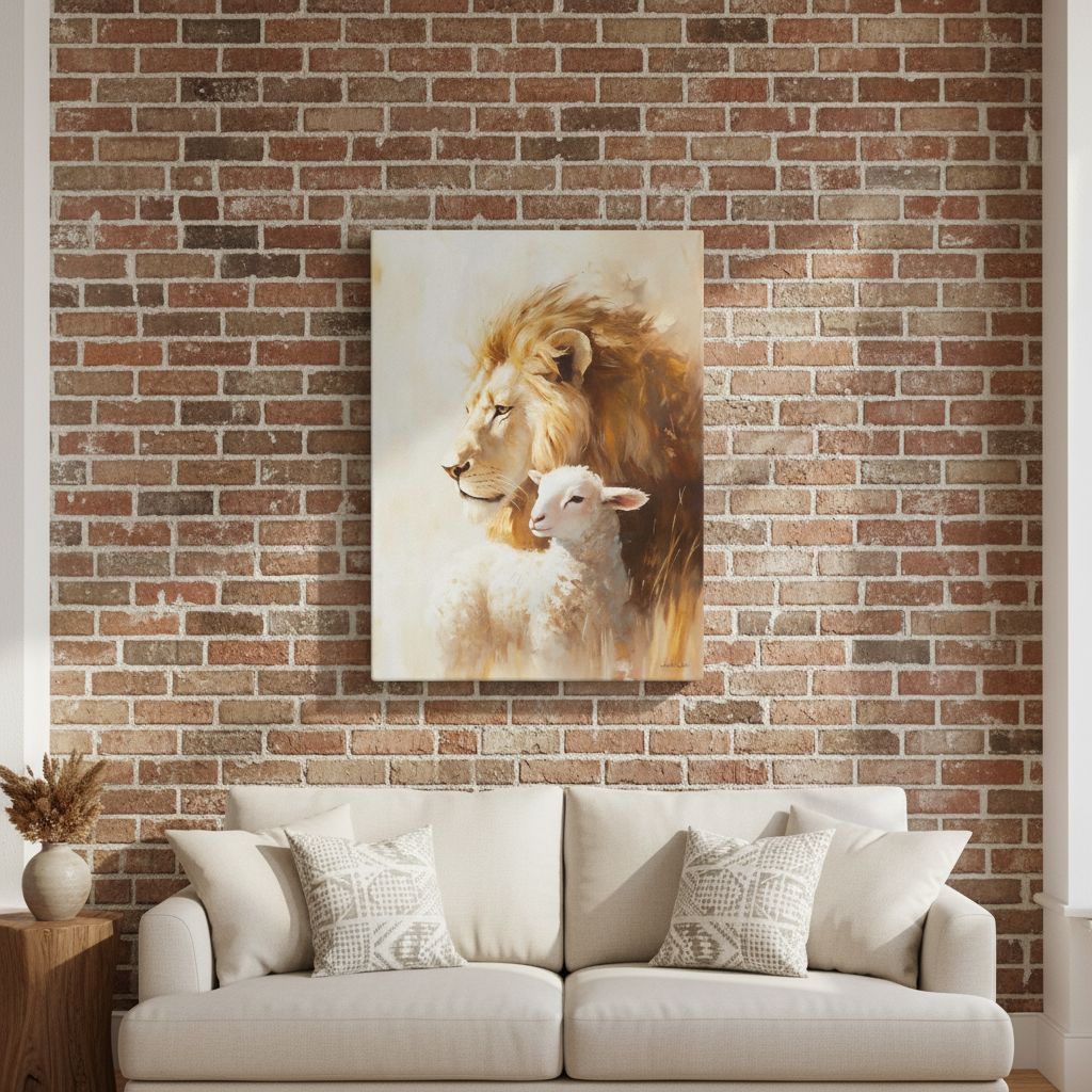 Christian wall art canvas featuring a lion and a lamb symbolizing strength and peace, displayed above a sofa on a brick wall.