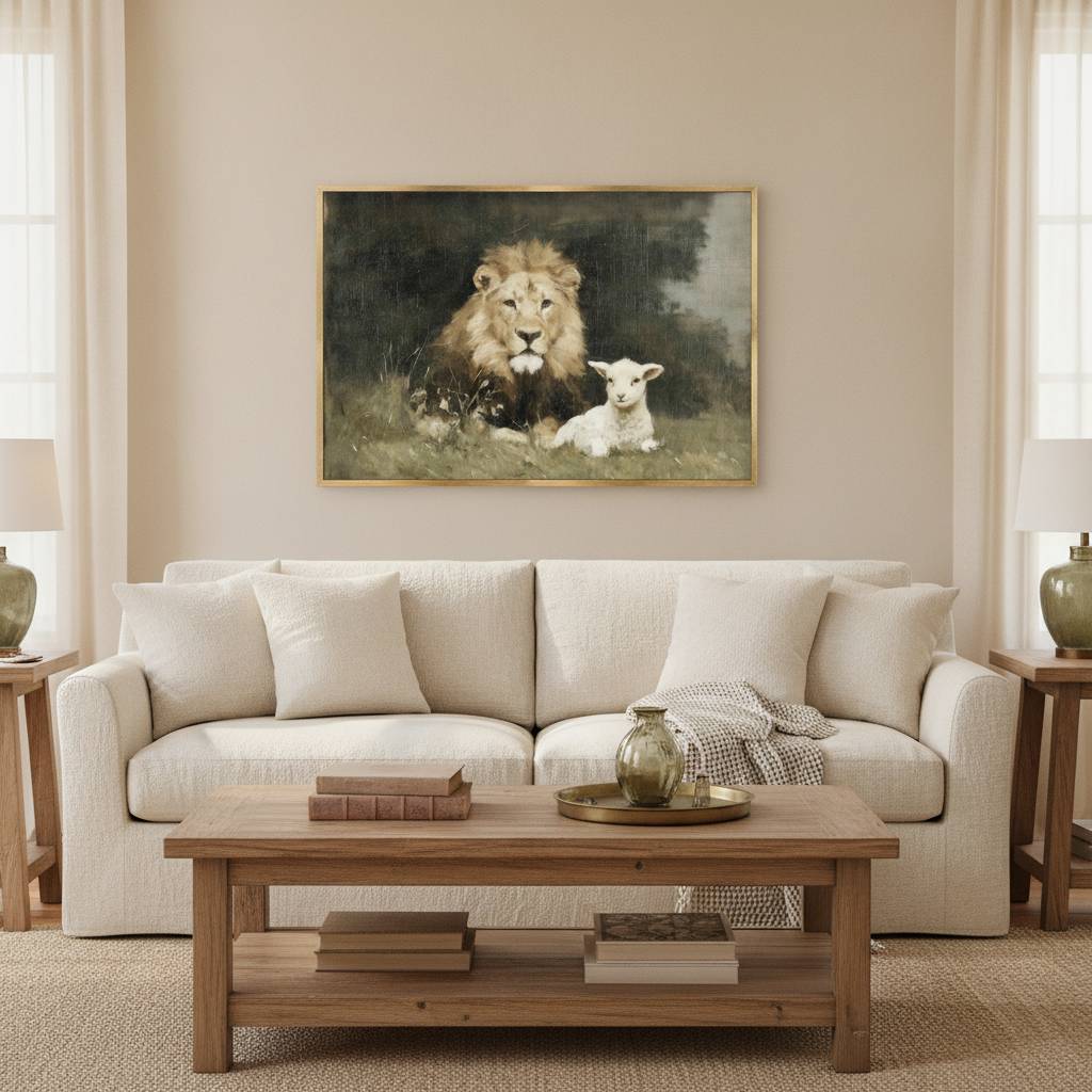 The Lion and the Lamb Christian wall art displayed above a cozy living room sofa, featuring the Lion of Judah beside the Lamb of God, symbolizing Jesus Christ as both the sacrificial Savior and the victorious King.