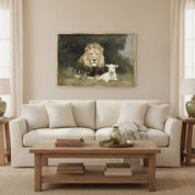 The Lion and the Lamb Christian wall art displayed above a cozy living room sofa, featuring the Lion of Judah beside the Lamb of God, symbolizing Jesus Christ as both the sacrificial Savior and the victorious King.