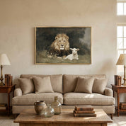 The Lion and the Lamb Christian wall art displayed above a cozy living room sofa, featuring the Lion of Judah beside the Lamb of God, symbolizing Jesus Christ as both the sacrificial Savior and the victorious King.