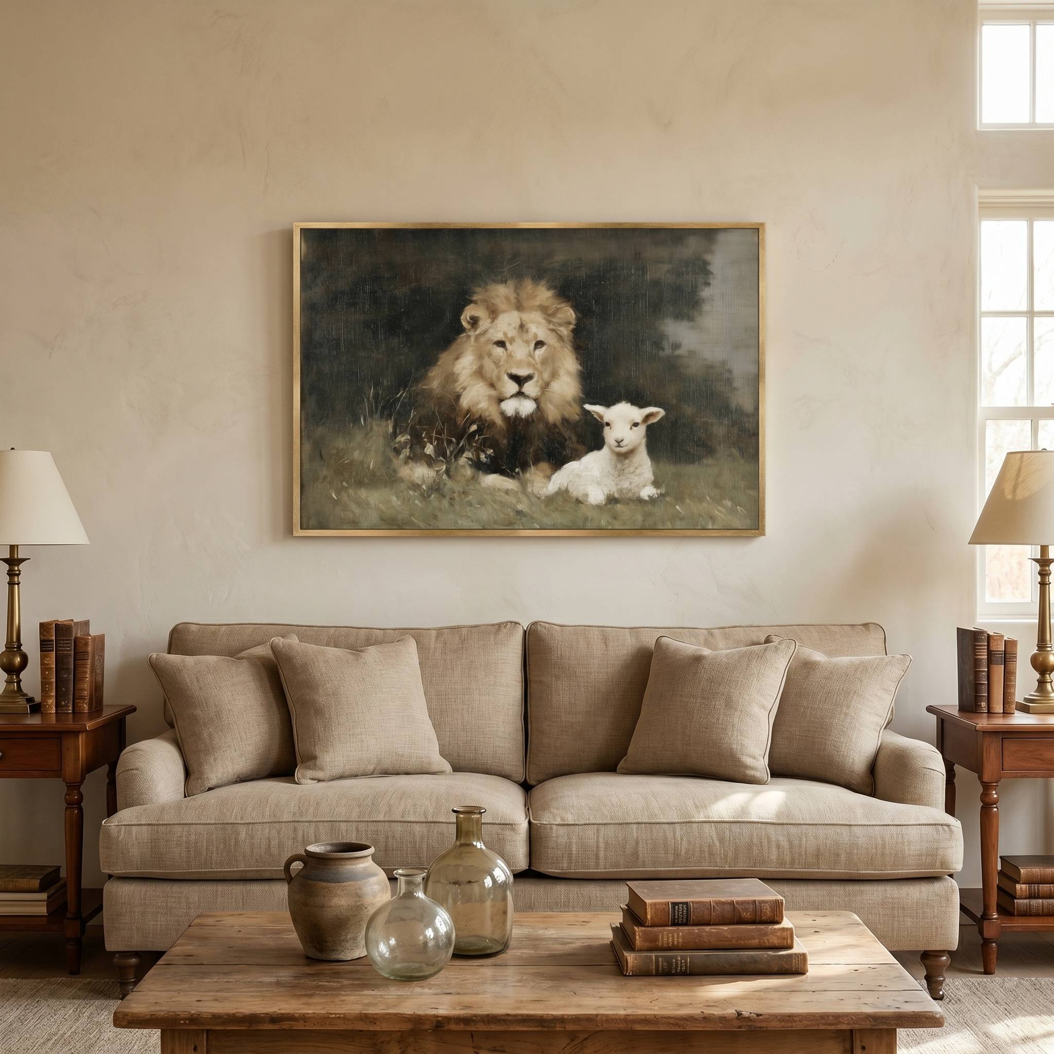 The Lion and the Lamb Christian wall art displayed above a cozy living room sofa, featuring the Lion of Judah beside the Lamb of God, symbolizing Jesus Christ as both the sacrificial Savior and the victorious King.
