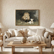 The Lion and the Lamb Christian wall art displayed above a neutral living room sofa, featuring the Lion of Judah beside the Lamb of God, symbolizing Jesus Christ as both the sacrificial Savior and the victorious King.