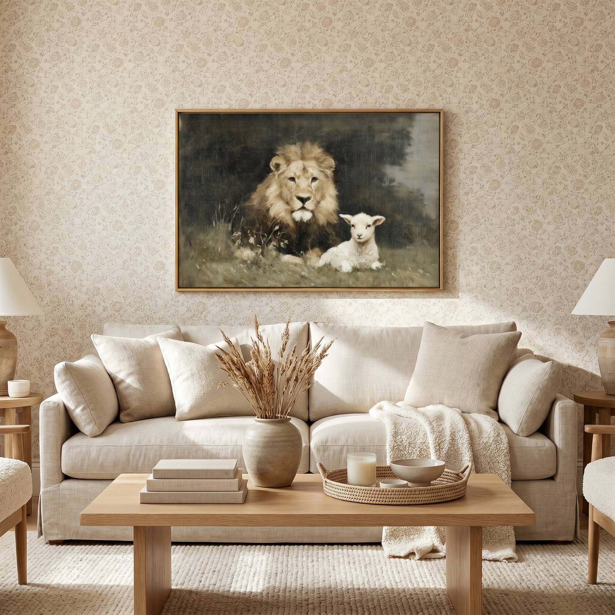 The Lion and the Lamb Christian wall art displayed above a neutral living room sofa, featuring the Lion of Judah beside the Lamb of God, symbolizing Jesus Christ as both the sacrificial Savior and the victorious King.