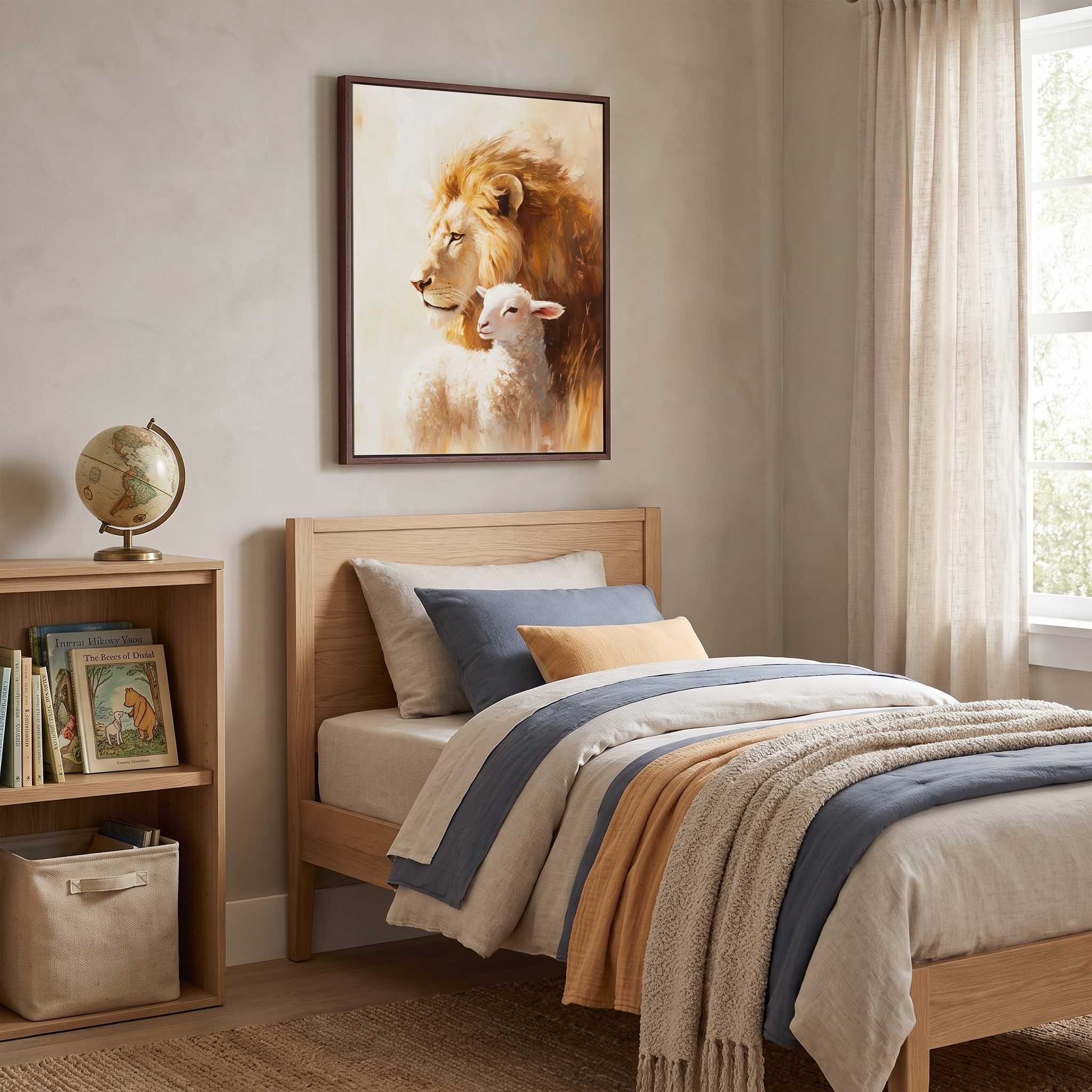 Framed Lion and the Lamb Christian wall art in warm golden and cream tones, displayed above a bed in a calm neutral children’s bedroom.