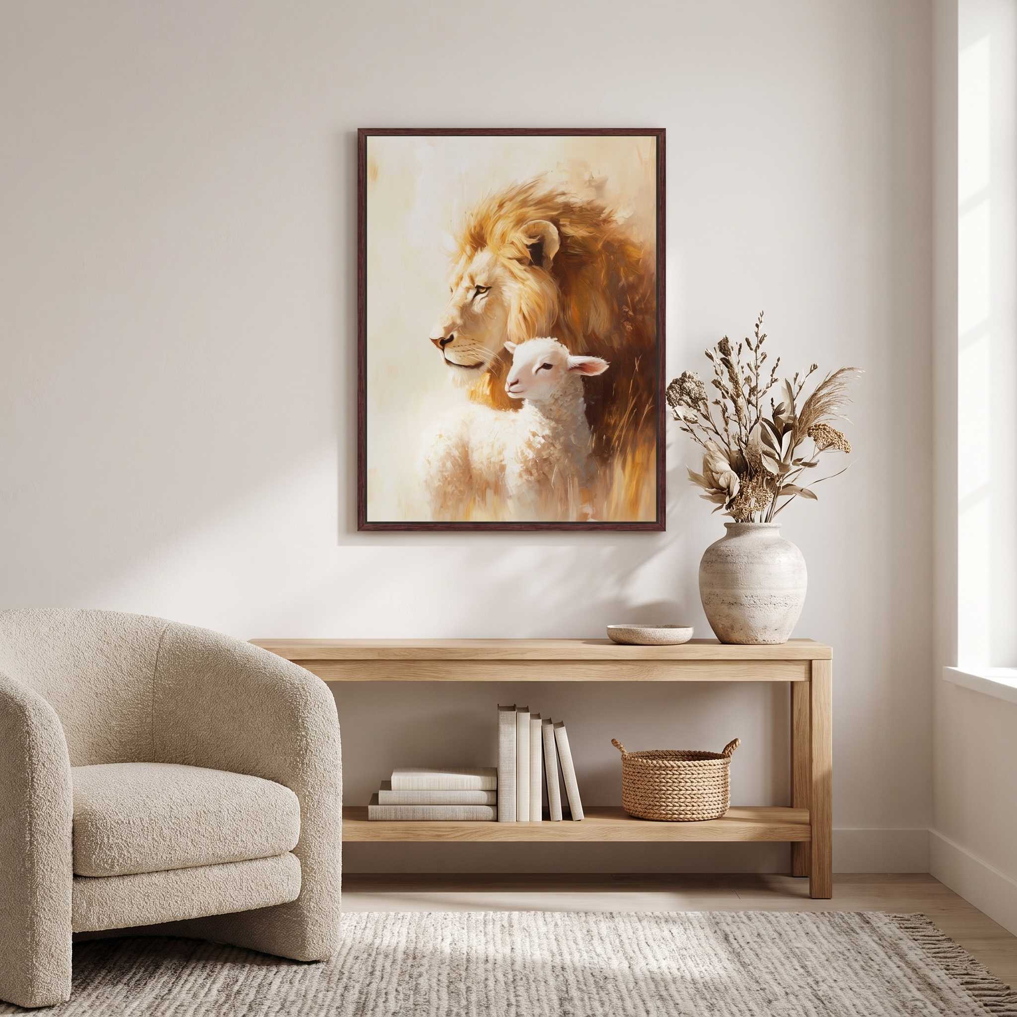 Framed Lion and the Lamb Christian wall art inspired by Revelation 5:5–6, displayed above a wooden console in a warm neutral living room.