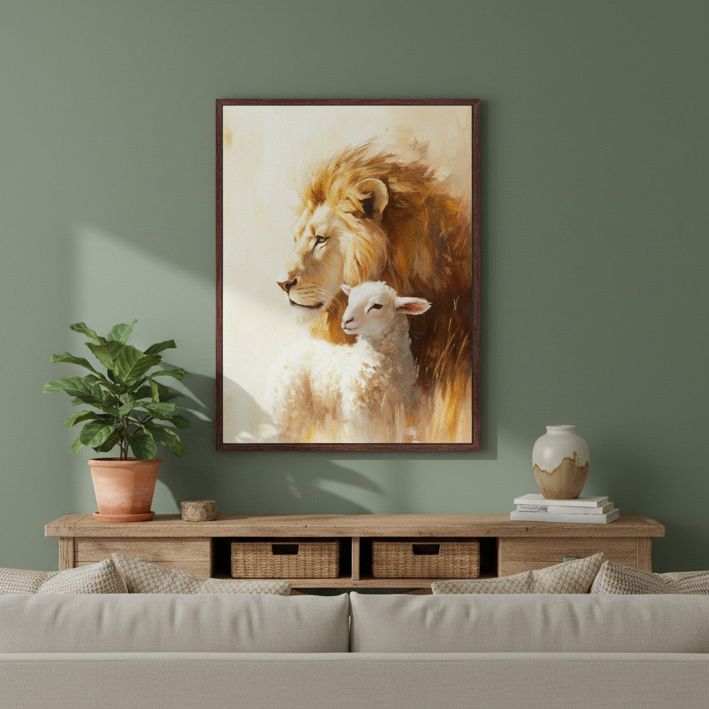Framed Lion and the Lamb Bible verse wall art inspired by Revelation 5:5–6, styled above a wooden console with plants in a sage green living room.