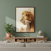 Framed Lion and the Lamb Bible verse wall art inspired by Revelation 5:5–6, styled above a wooden console with plants in a sage green living room.