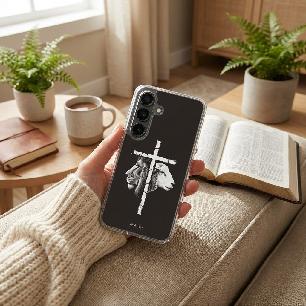 Person holding a christian Samsung phone case with a cross and skull design in a cozy living room.