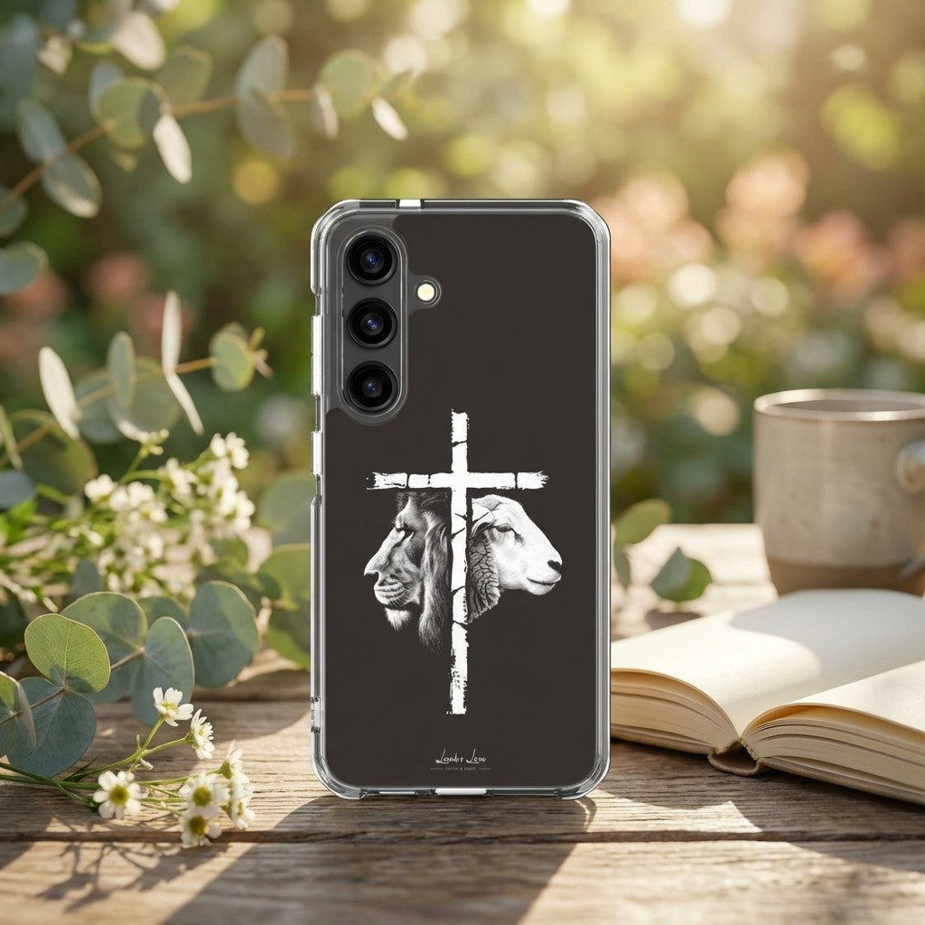 Christian Samsung Phone case with lion, lamb and a cross design on a wooden surface with a blurred natural background