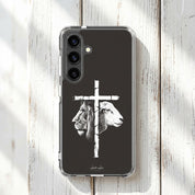 Samsung christian phone case with lion and lamb design on a wooden surface