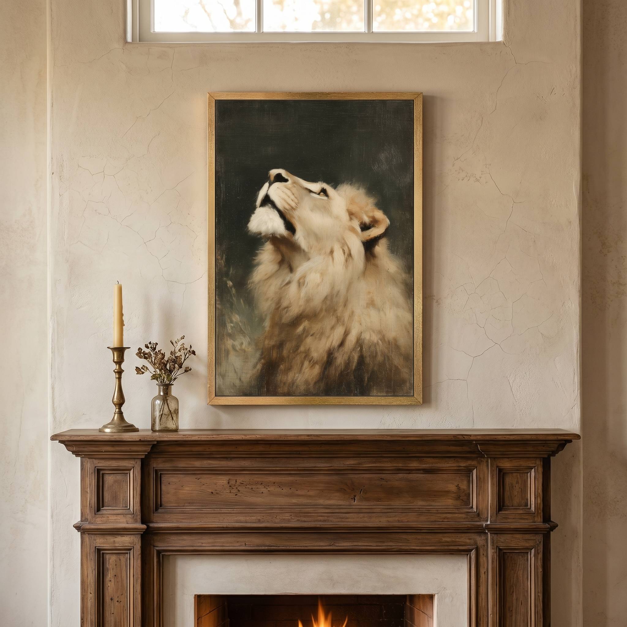 Lion of Judah Christian wall art displayed above a vintage fireplace mantel, featuring a majestic lion looking upward in a warm, rustic living room.
