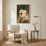 Lion of Judah Christian wall art displayed above a cozy reading nook, featuring a majestic lion looking upward in a warm, modern vintage living space.