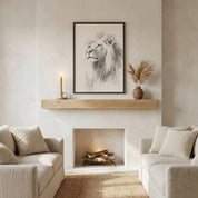 Lion of Judah Christian wall art line art sketch displayed above fireplace mantel