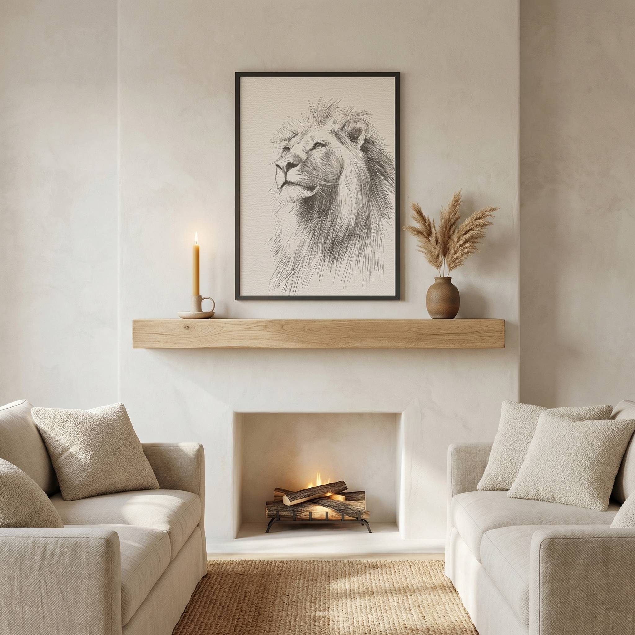 Lion of Judah Christian wall art line art sketch displayed above fireplace mantel