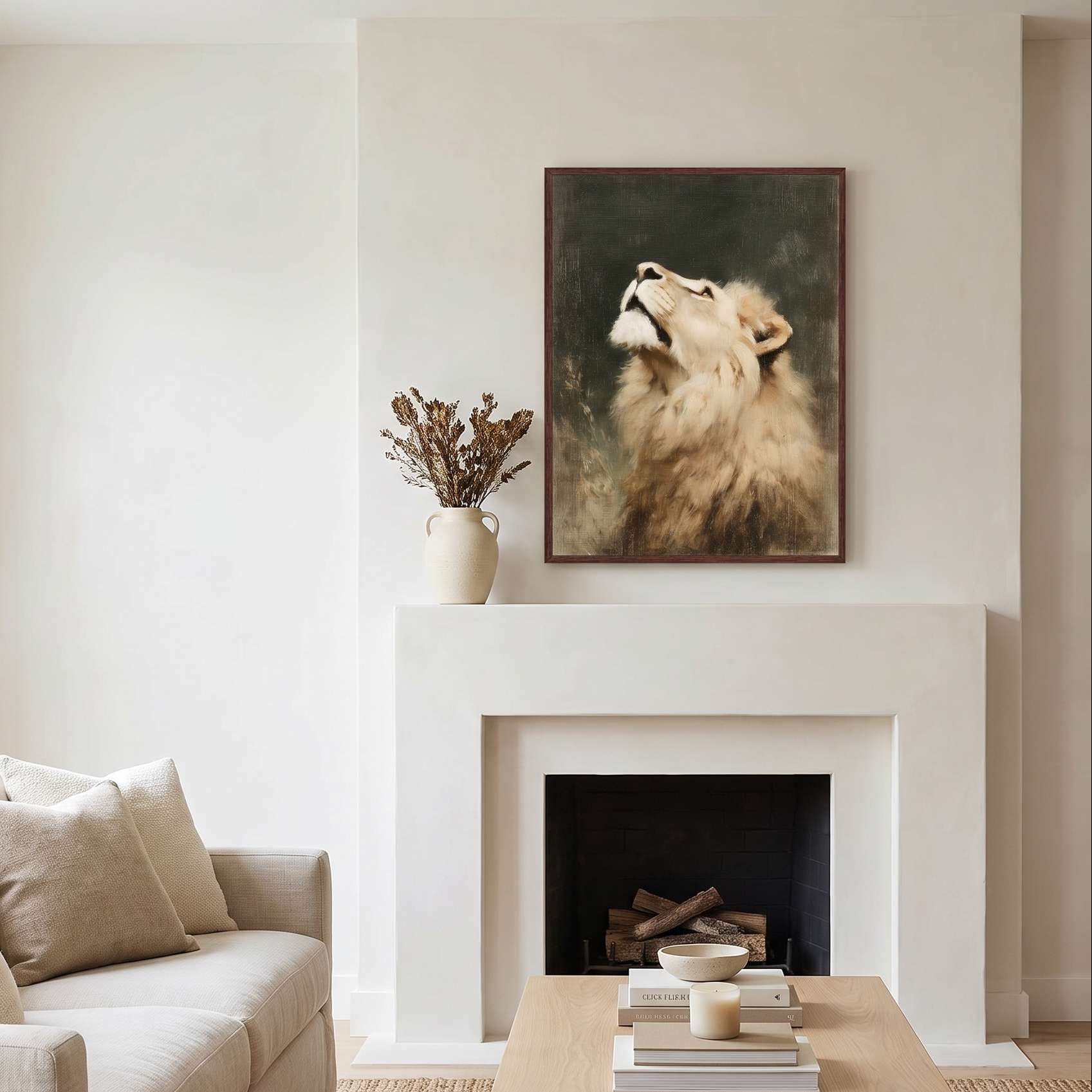 Lion of Judah Christian wall art displayed above a fireplace mantel in modern home, featuring a majestic lion looking upward in a warm, classic reading nook.