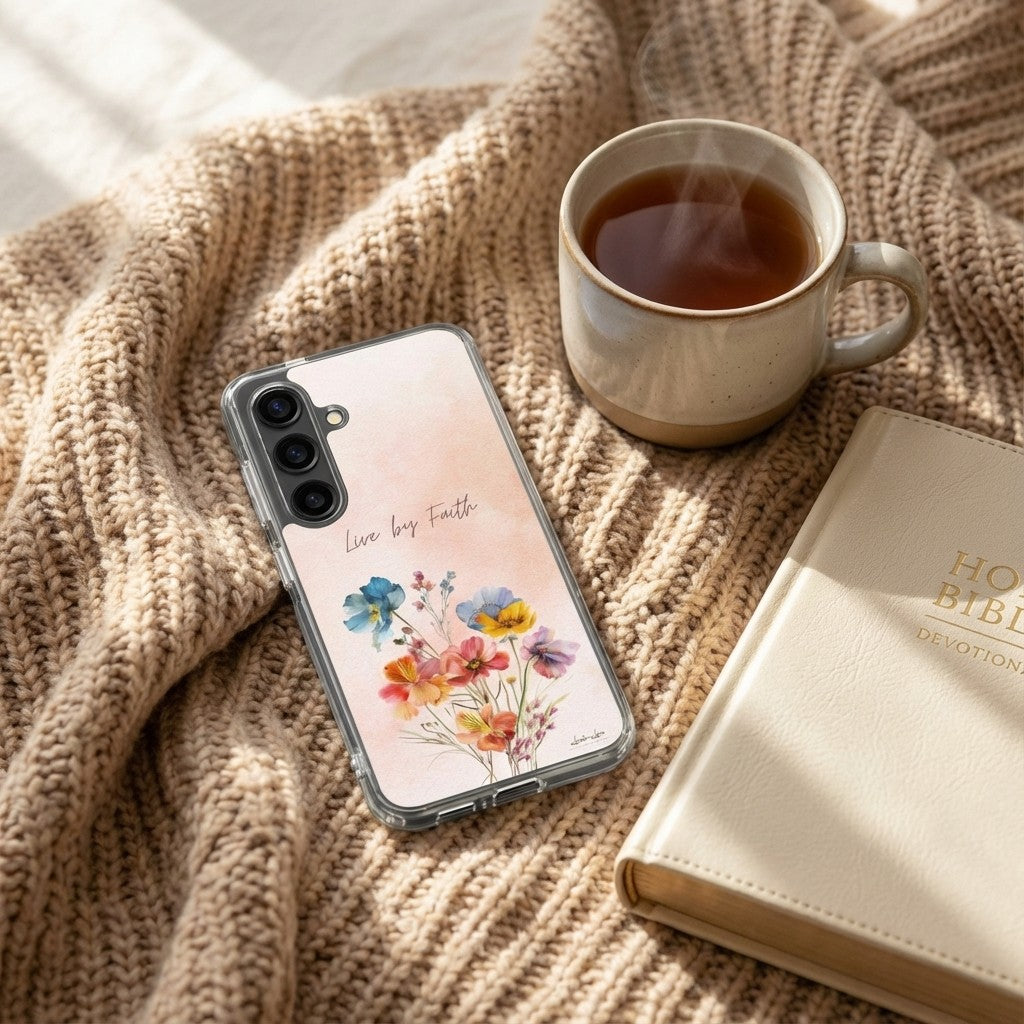 Samsung phone case with floral design and text 'Live by Faith' on a textured surface with a cup of tea and book.