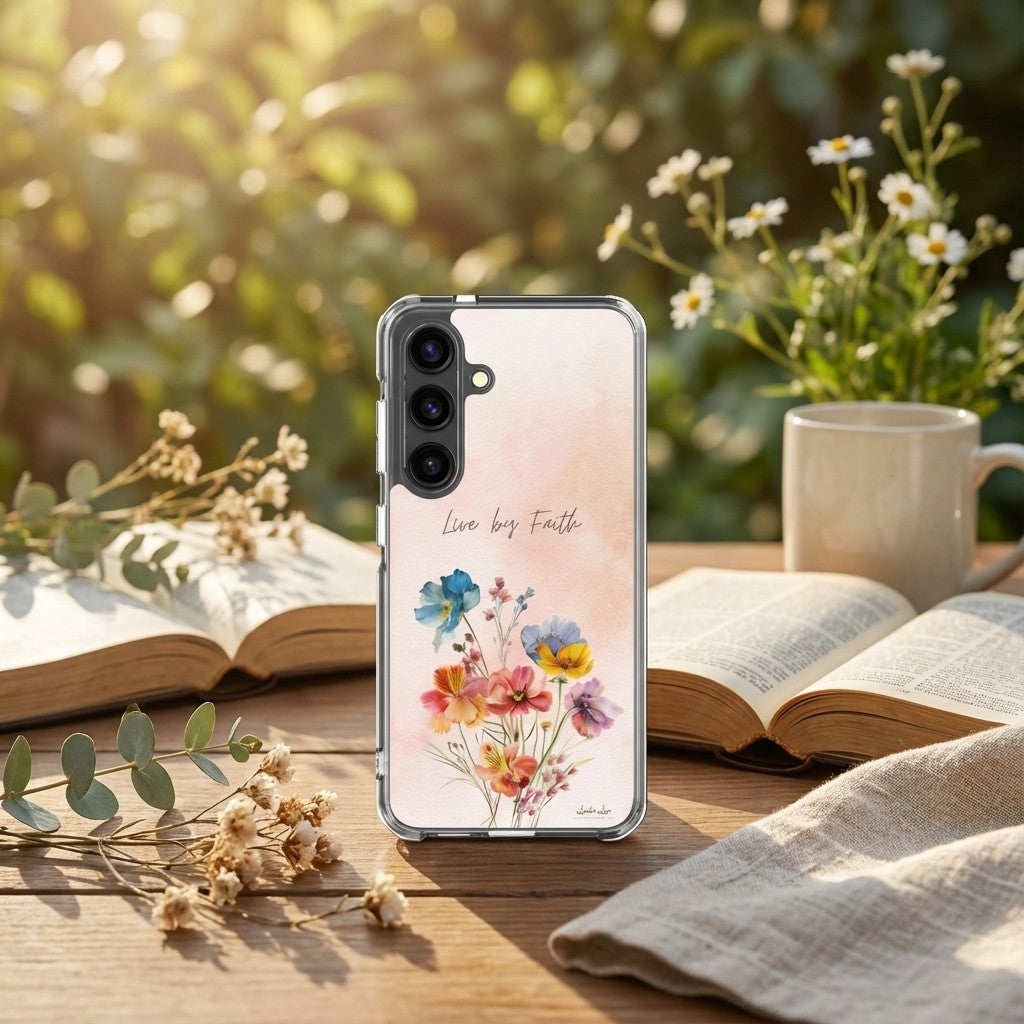 Samsung phone case with floral design and 'Live by Faith' text on a table with books and flowers