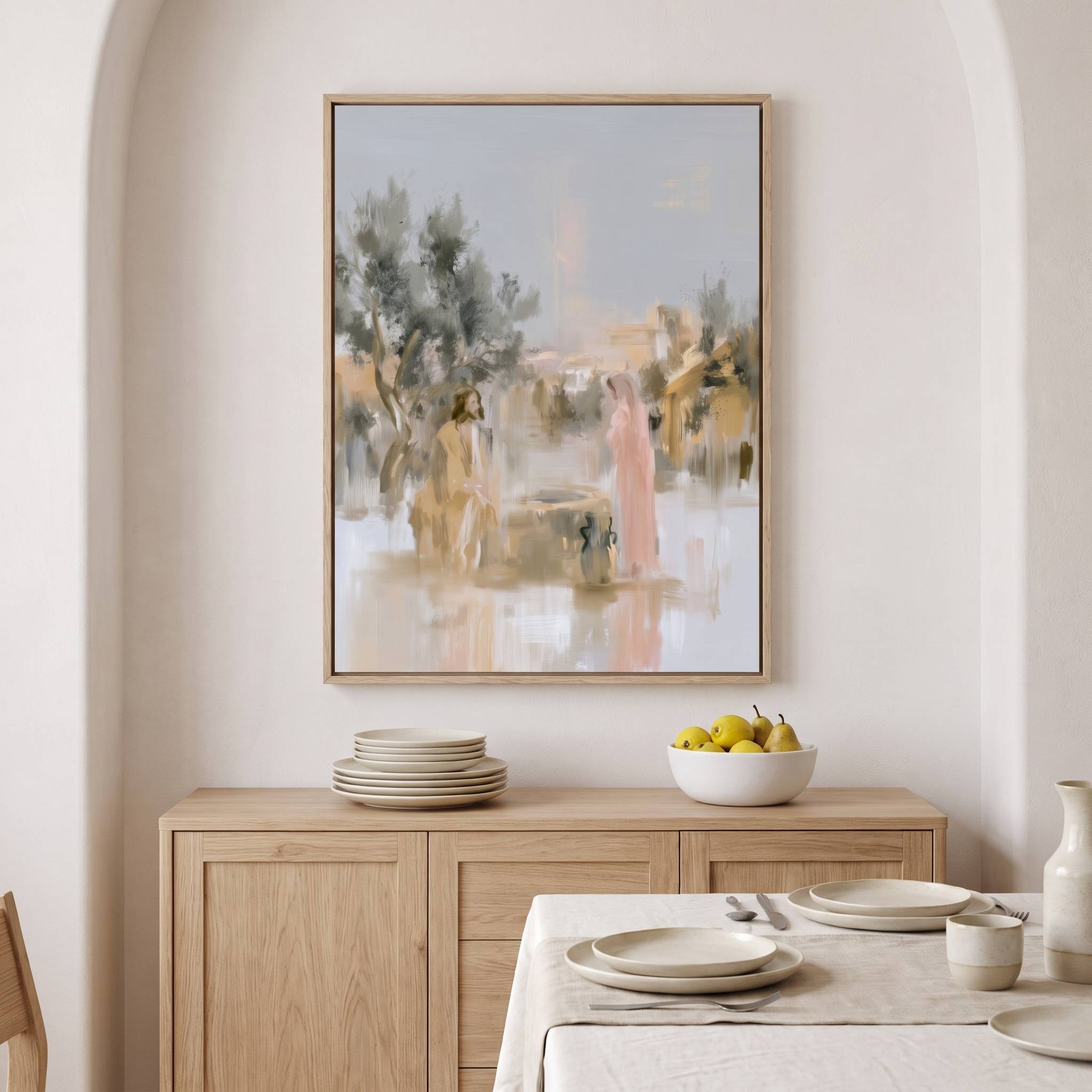 Jesus and the Samaritan woman watercolor wall art displayed above a light wood sideboard in a neutral dining room, inspired by John 4 and the living water Jesus offers.