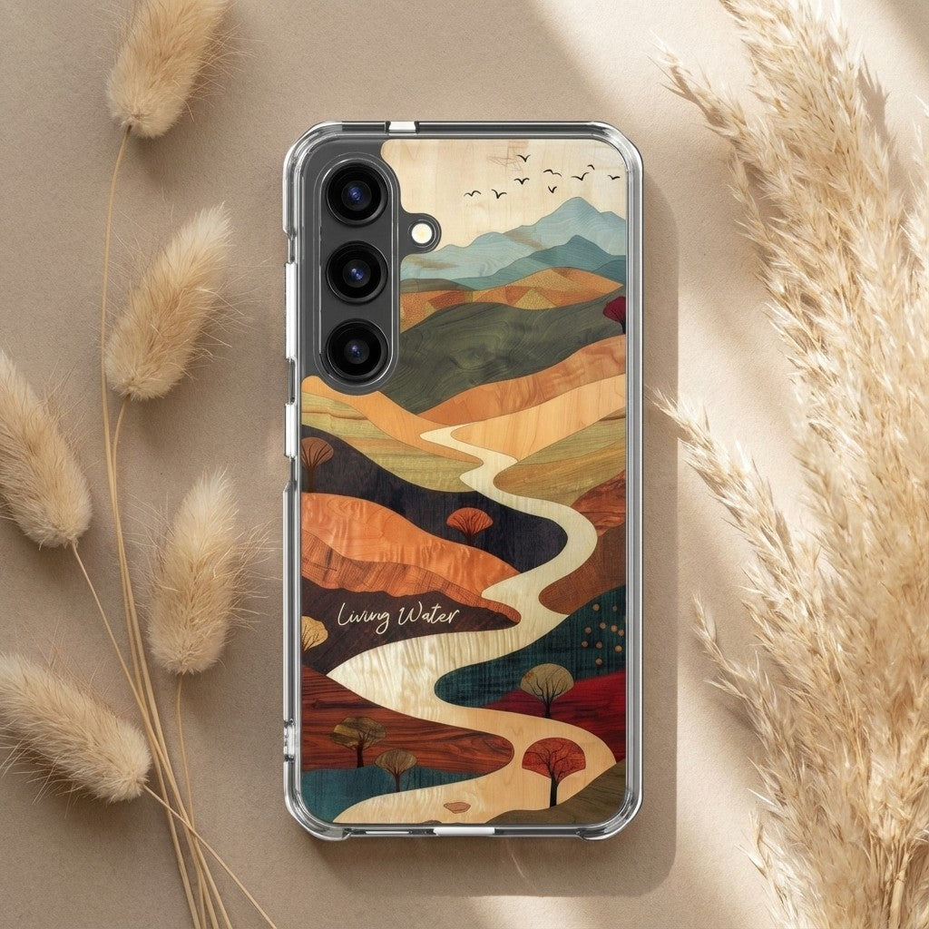 Living Water Christian Samsung Galaxy phone case inspired by John 7:37–38 with abstract river landscape on beige background with dried grasses
