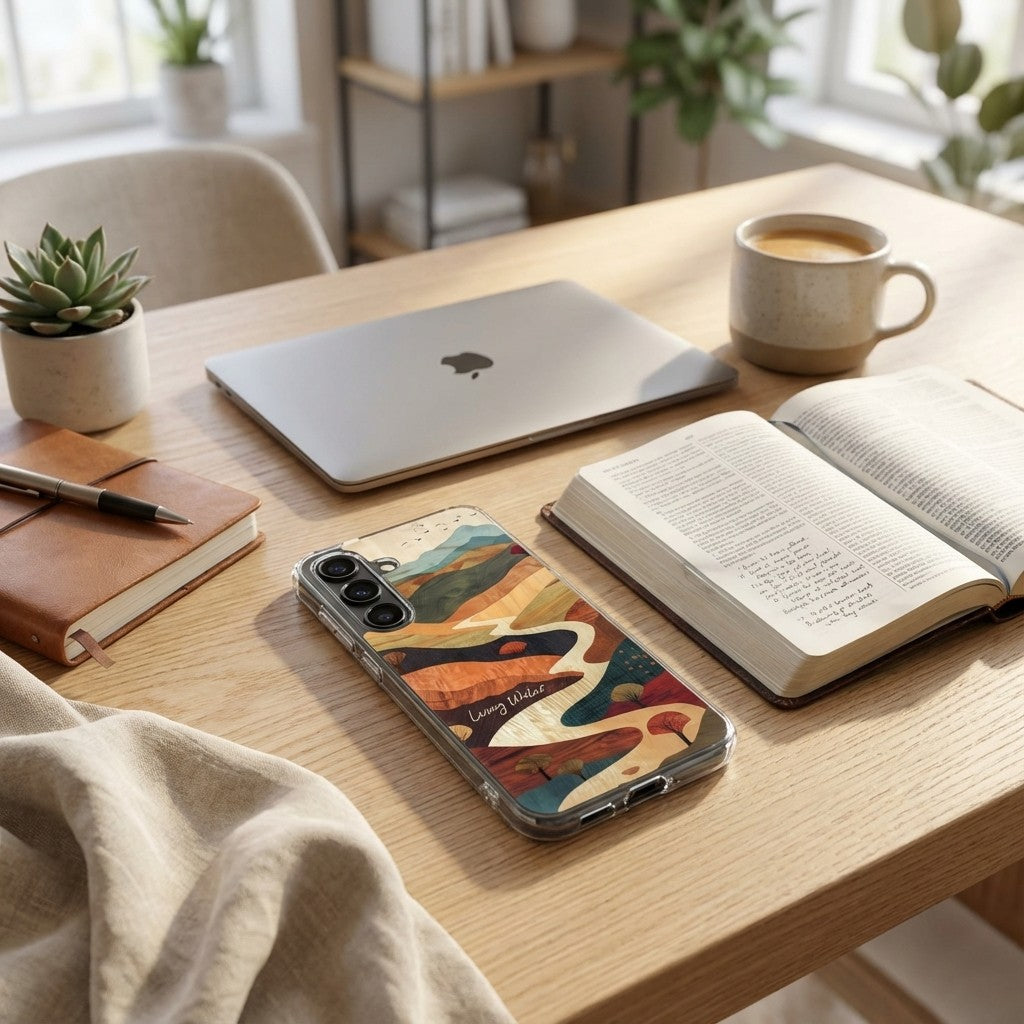 Living Water Christian Samsung Galaxy phone case inspired by John 7:37–38 on desk with open Bible, laptop, and coffee representing the living water of Christ