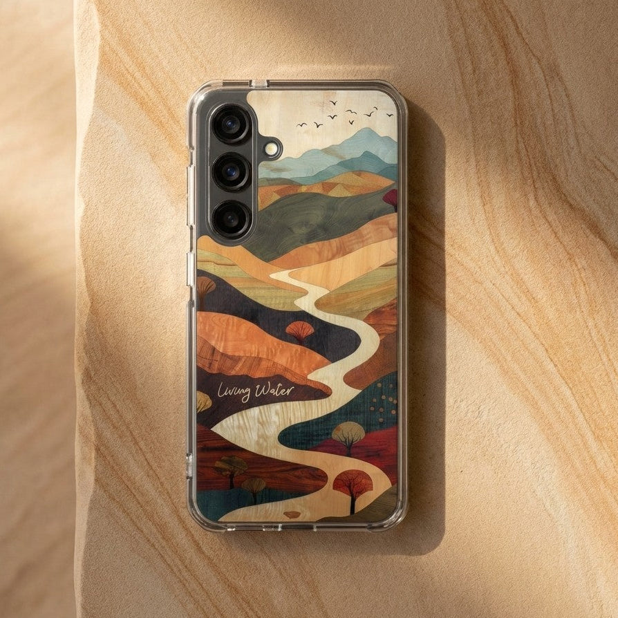 Living Water Christian Samsung Galaxy phone case inspired by John 7:37–38 with abstract river landscape design symbolizing the living water of Christ