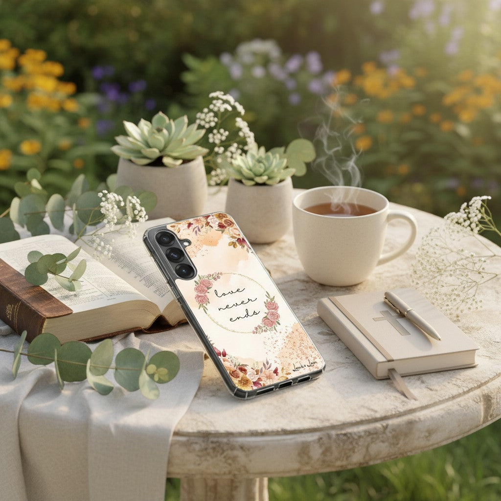 Love Never Ends Christian Samsung Galaxy phone case with 1 Corinthians 13:8 on a cafe table with an open Bible, a journal, a cup of tea, and succulents in a peaceful outdoor garden setting.