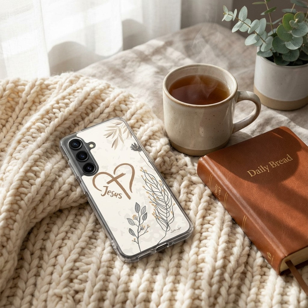 Samsung Jesus Phone case with 'Jesus' and cross design on a textured surface with a cup of tea and book.